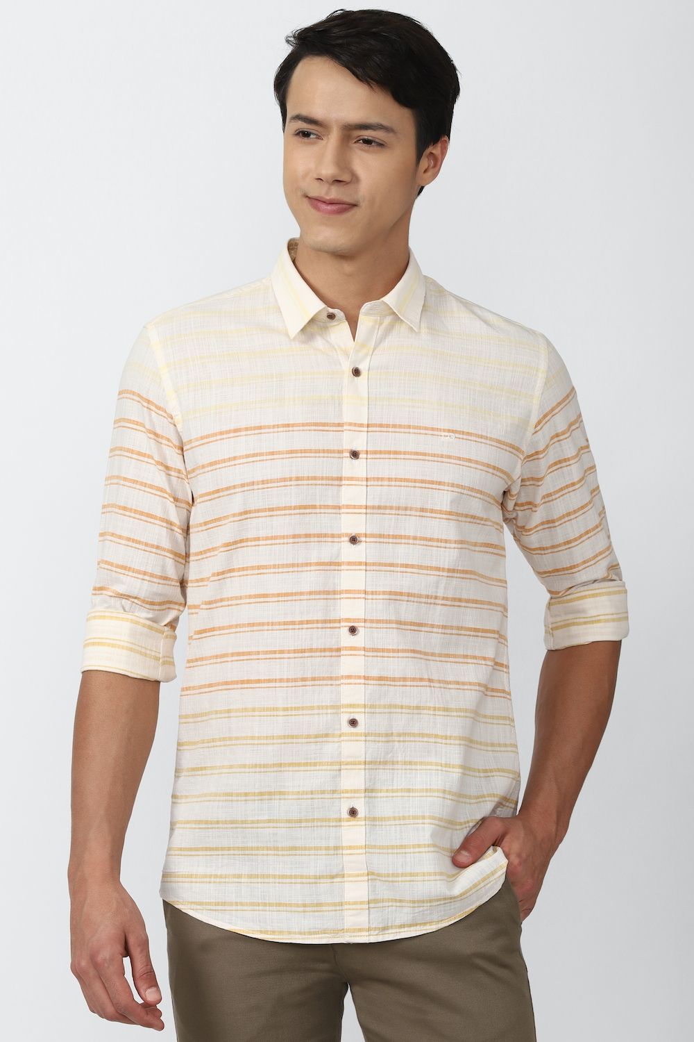 Men Cream Slim Fit Stripe Full Sleeves Casual Shirt