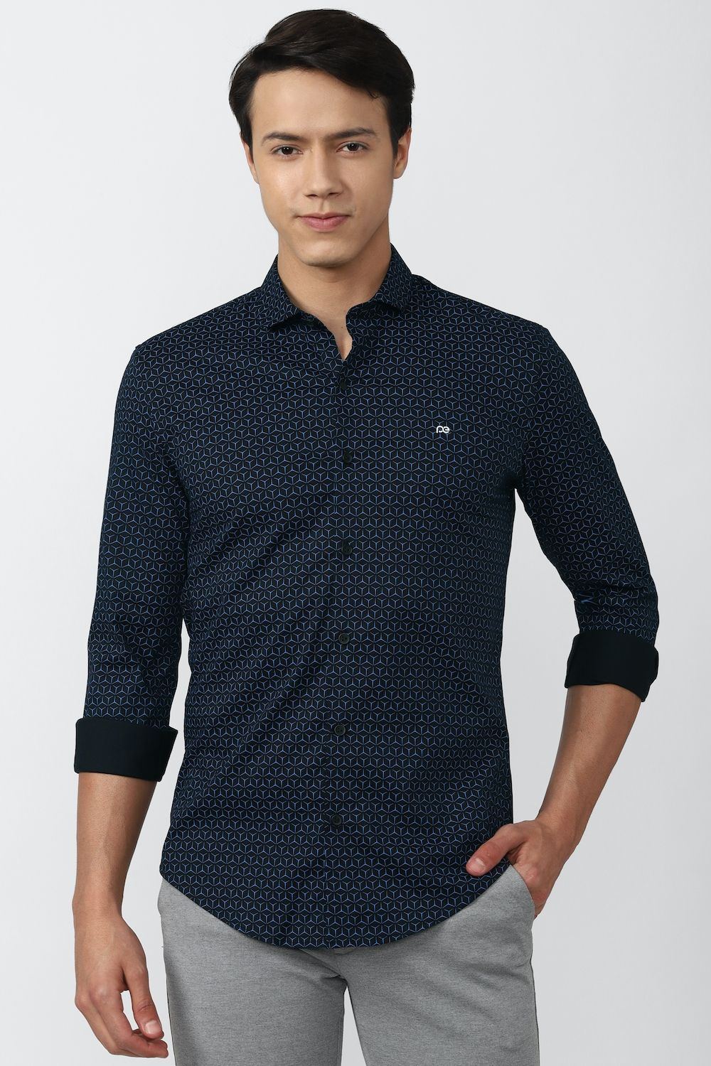 Men Navy Athletic Fit Print Full Sleeves Casual Shirt