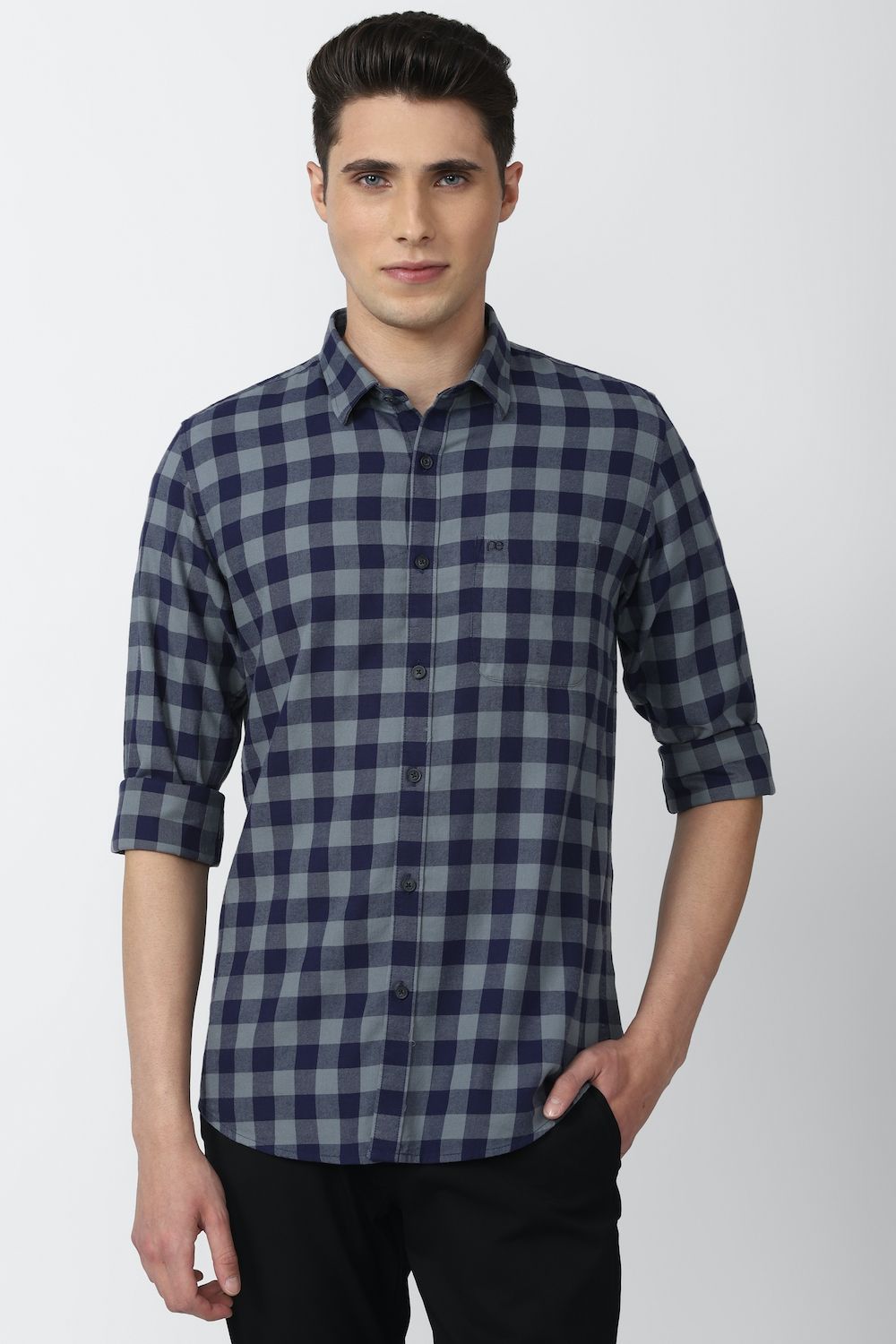 Men Navy Slim Fit Check Full Sleeves Casual Shirt