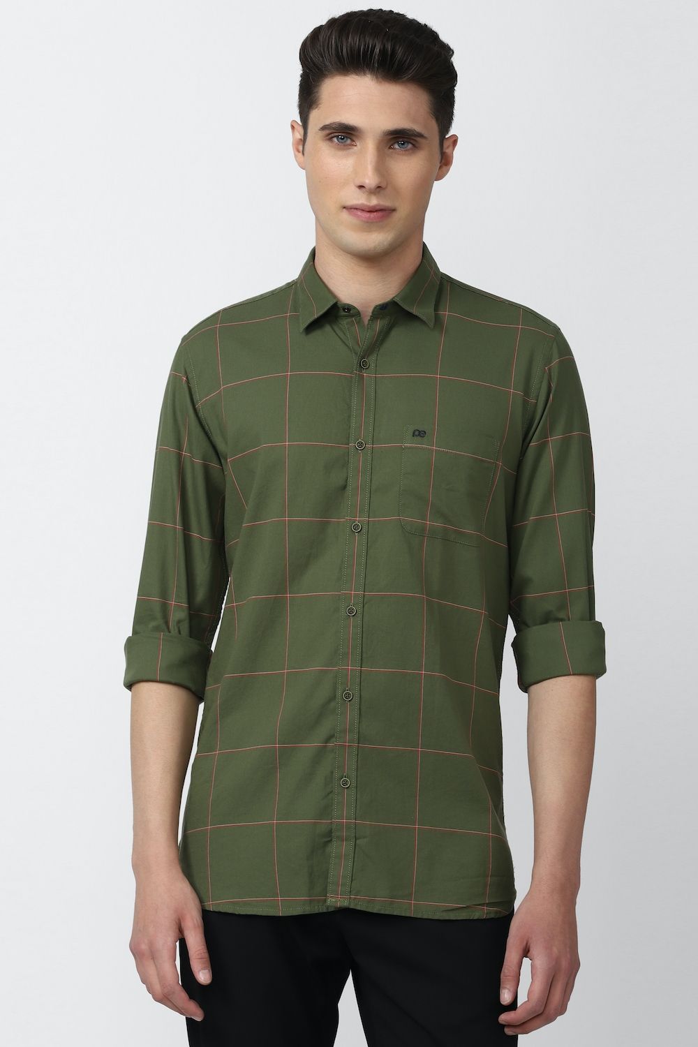 Men Olive Slim Fit Check Full Sleeves Casual Shirt