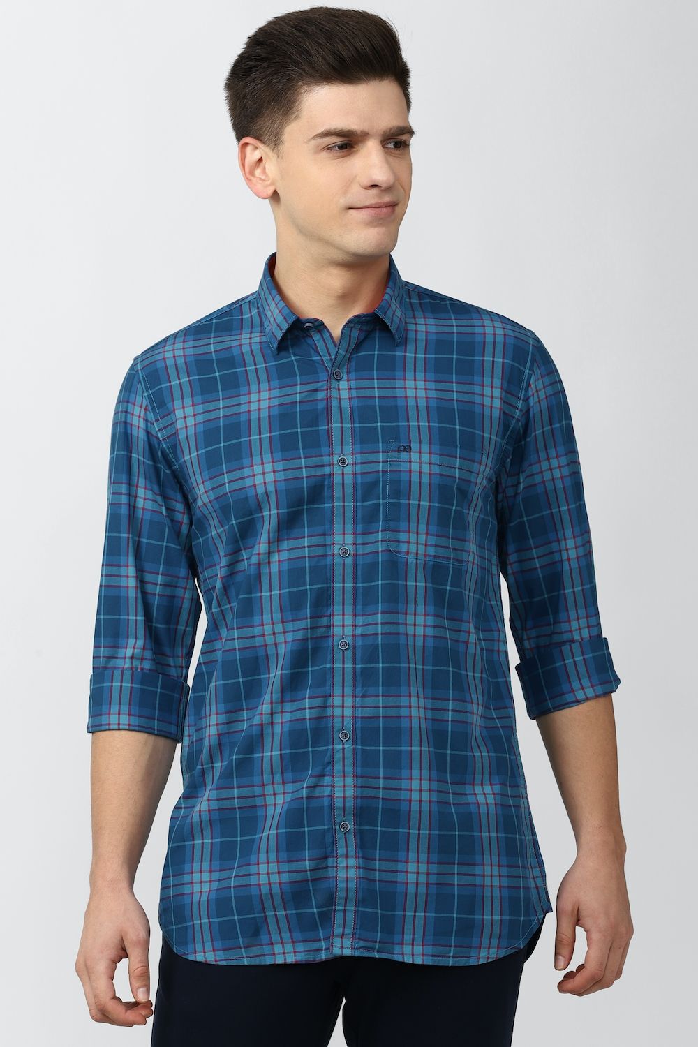 Men Blue Slim Fit Check Full Sleeves Casual Shirt