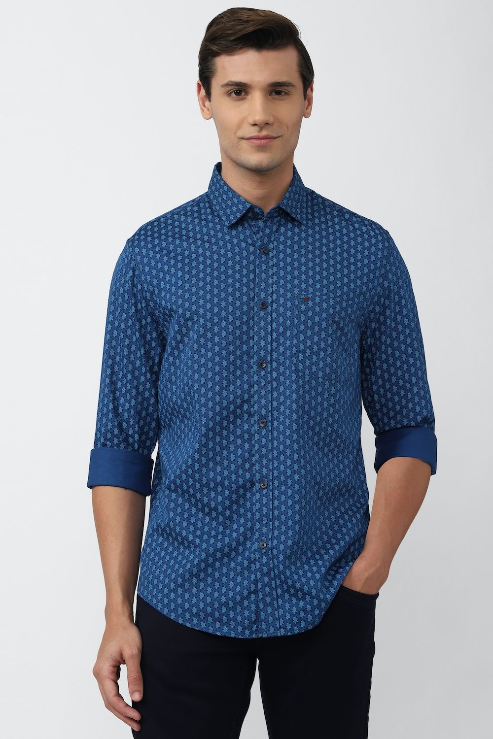 Men Blue Super Slim Fit Print Full Sleeves Casual Shirt
