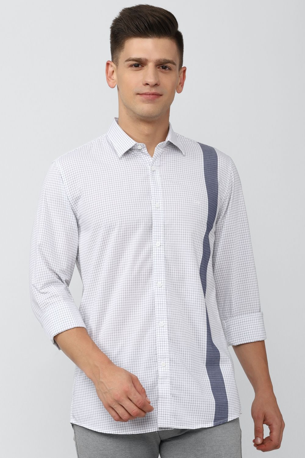 Men White Slim Fit Check Full Sleeves Casual Shirt