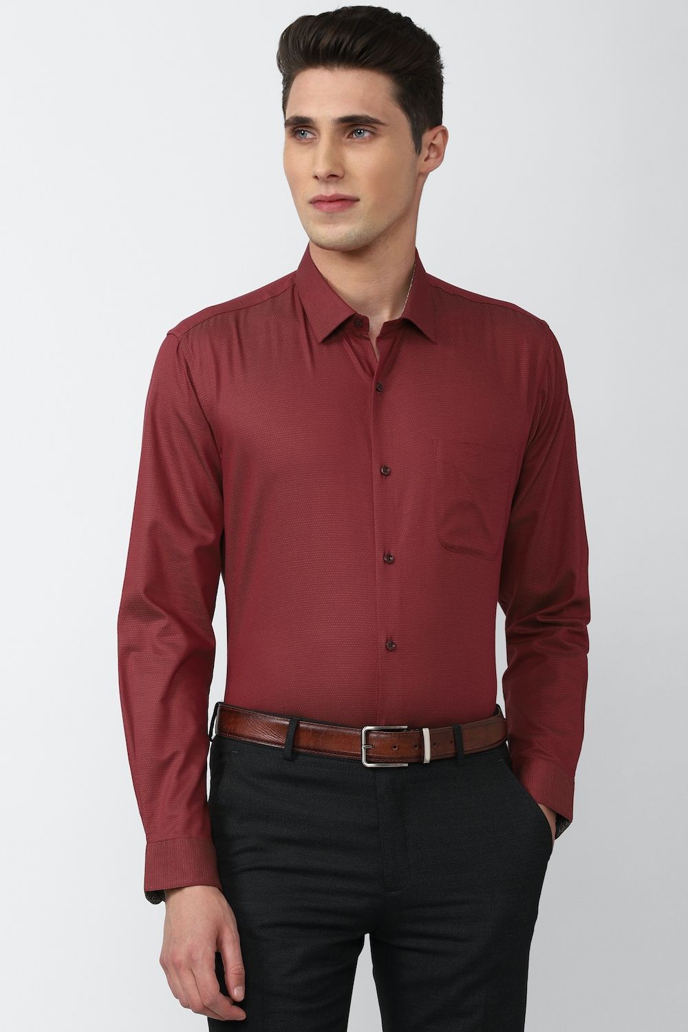 Men Maroon Regular Fit Formal Full Sleeves Formal Shirt