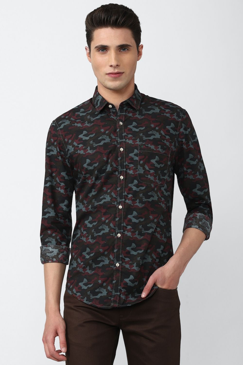 Men Black Super Slim Fit Print Full Sleeves Casual Shirt