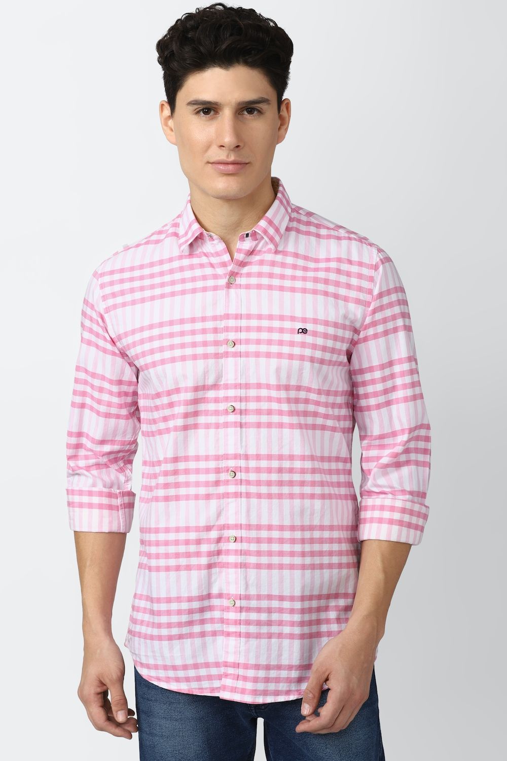 Men Pink Slim Fit Check Full Sleeves Casual Shirt