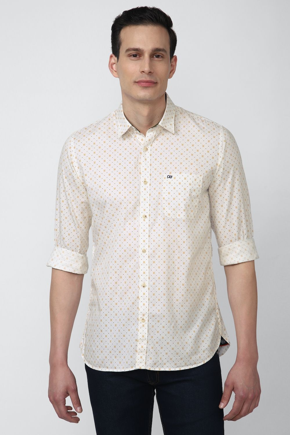 Men Beige Slim Fit Print Full Sleeves Casual Shirt