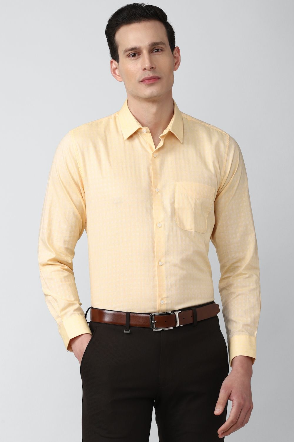 Men Yellow Regular Fit Formal Full Sleeves Formal Shirt