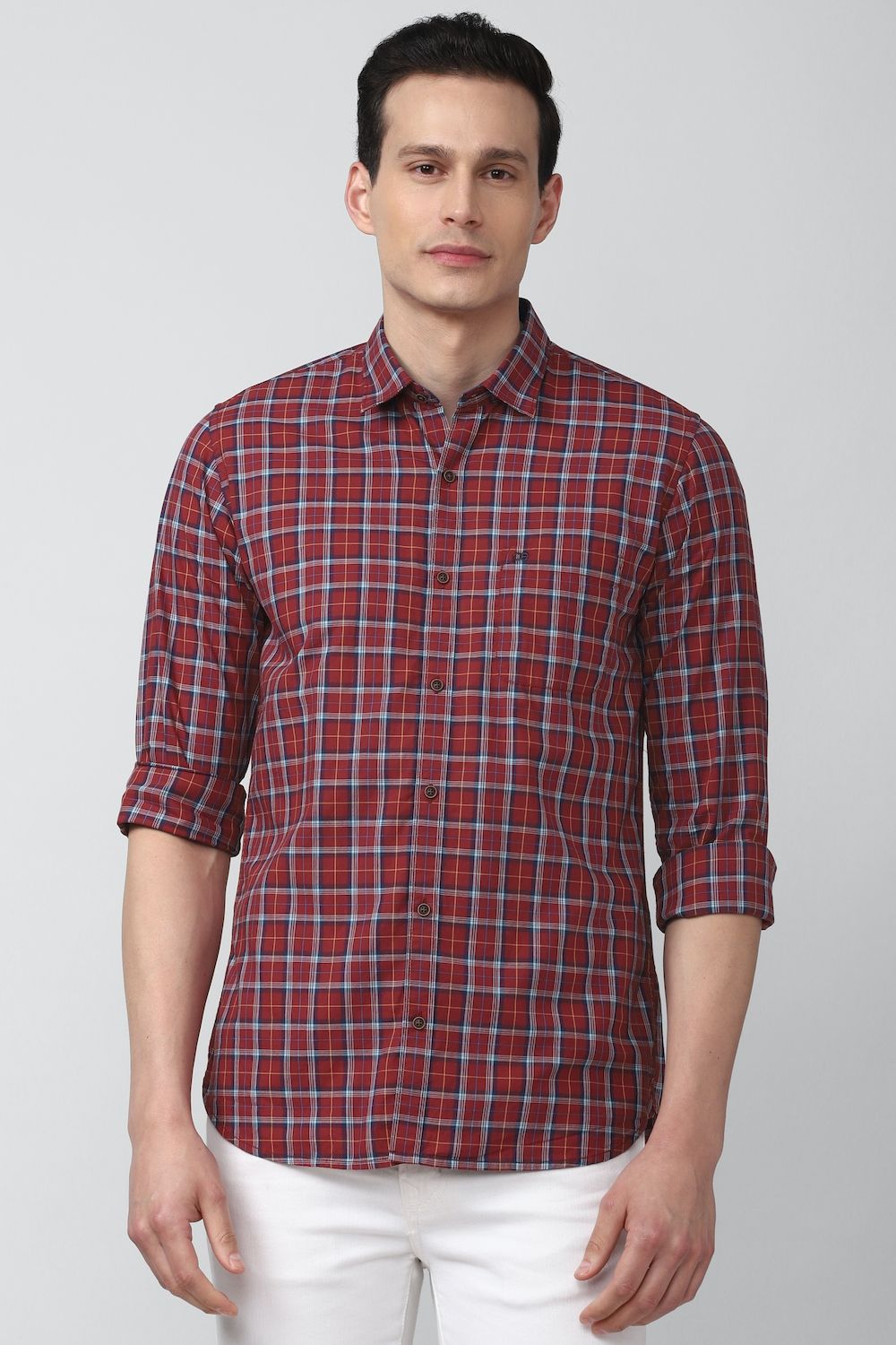 Men Red Slim Fit Check Full Sleeves Casual Shirt
