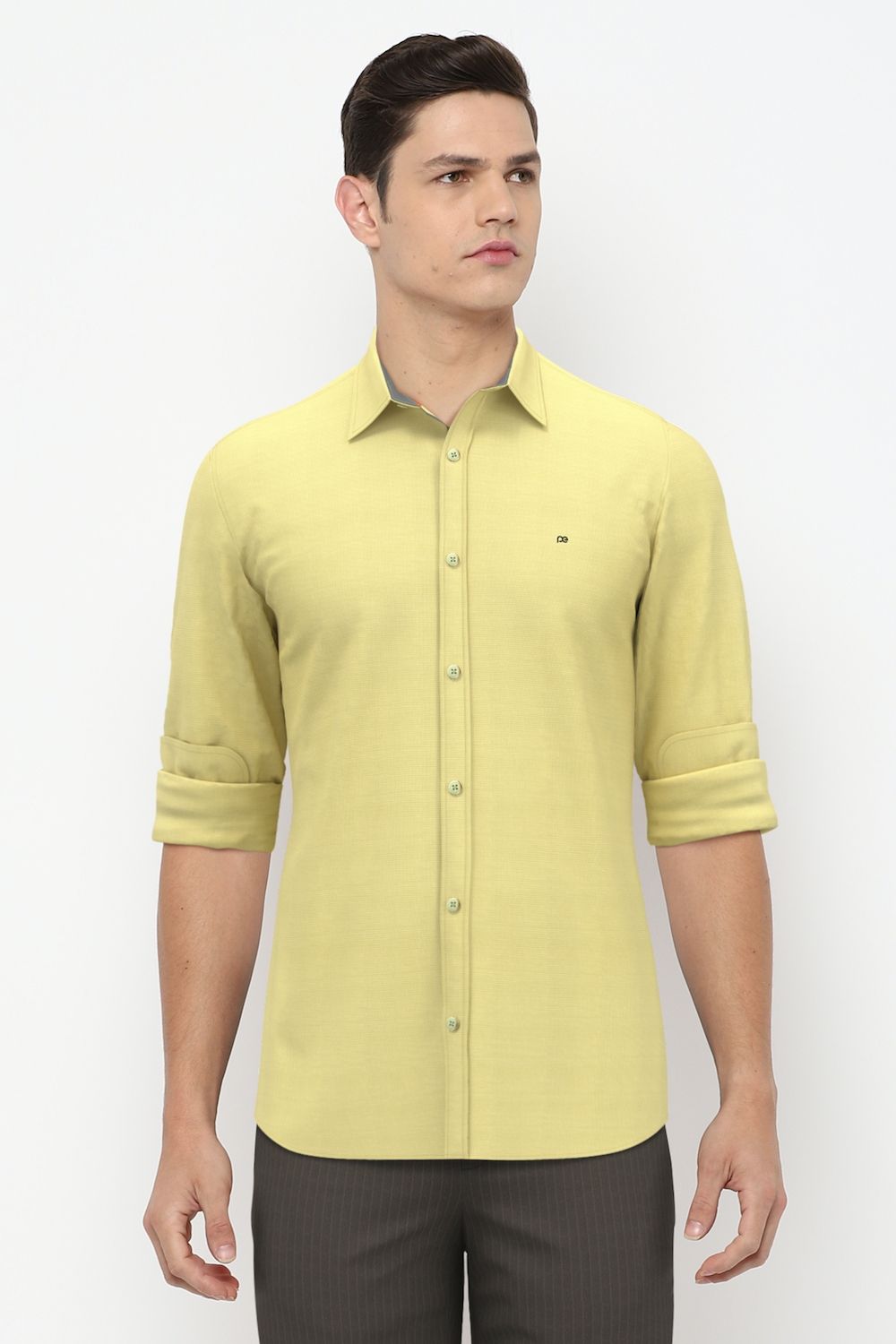 Men Yellow Slim Fit Solid Full Sleeves Casual Shirt
