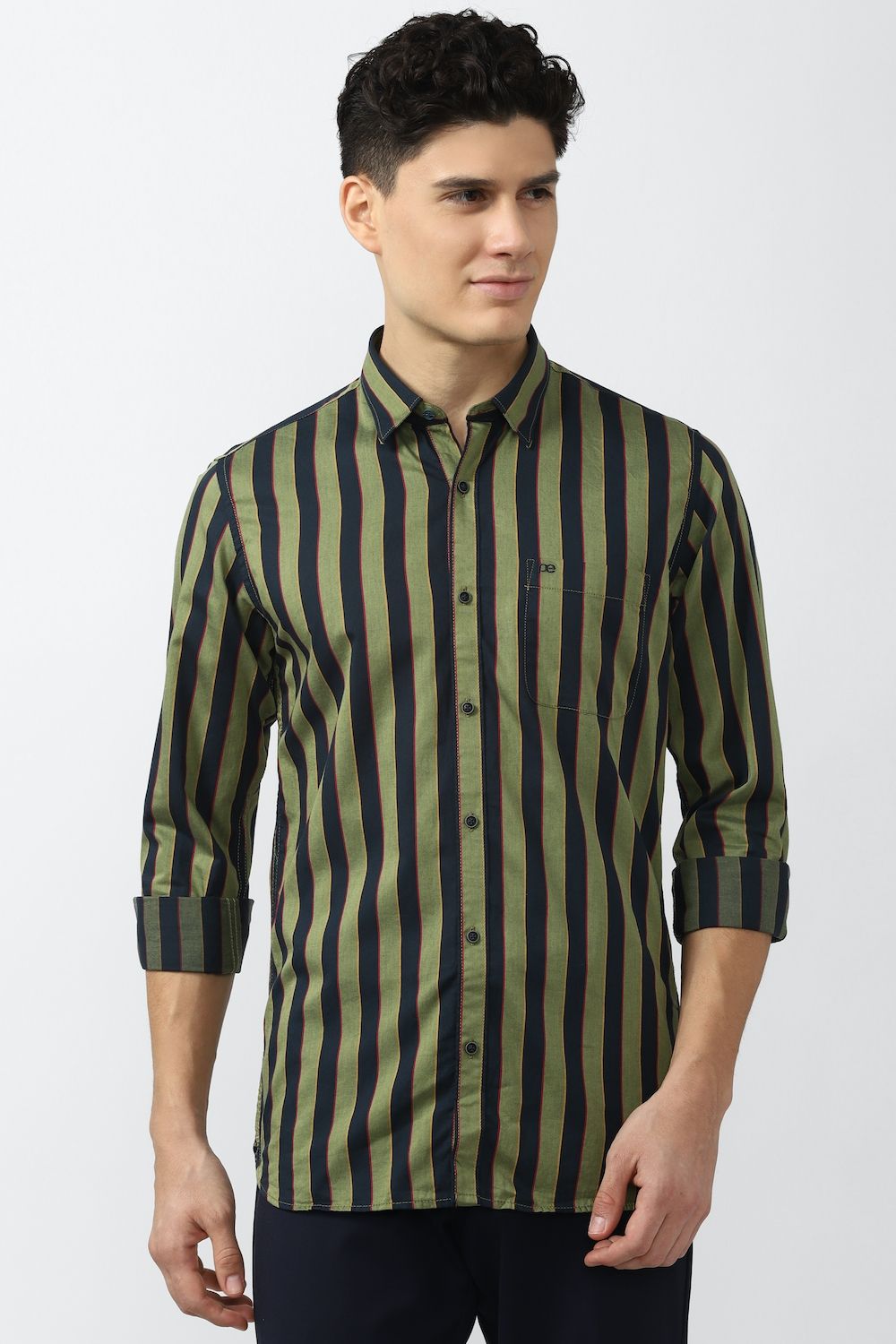 Men Olive Slim Fit Stripe Full Sleeves Casual Shirt