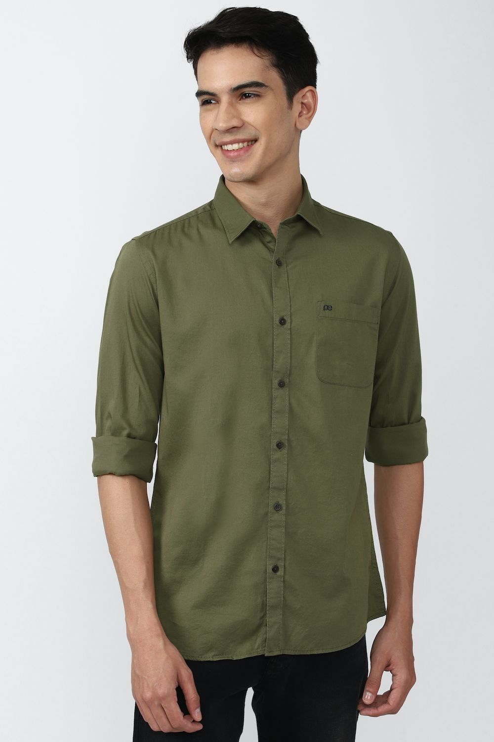 Men Green Slim Fit Solid Full Sleeves Casual Shirt