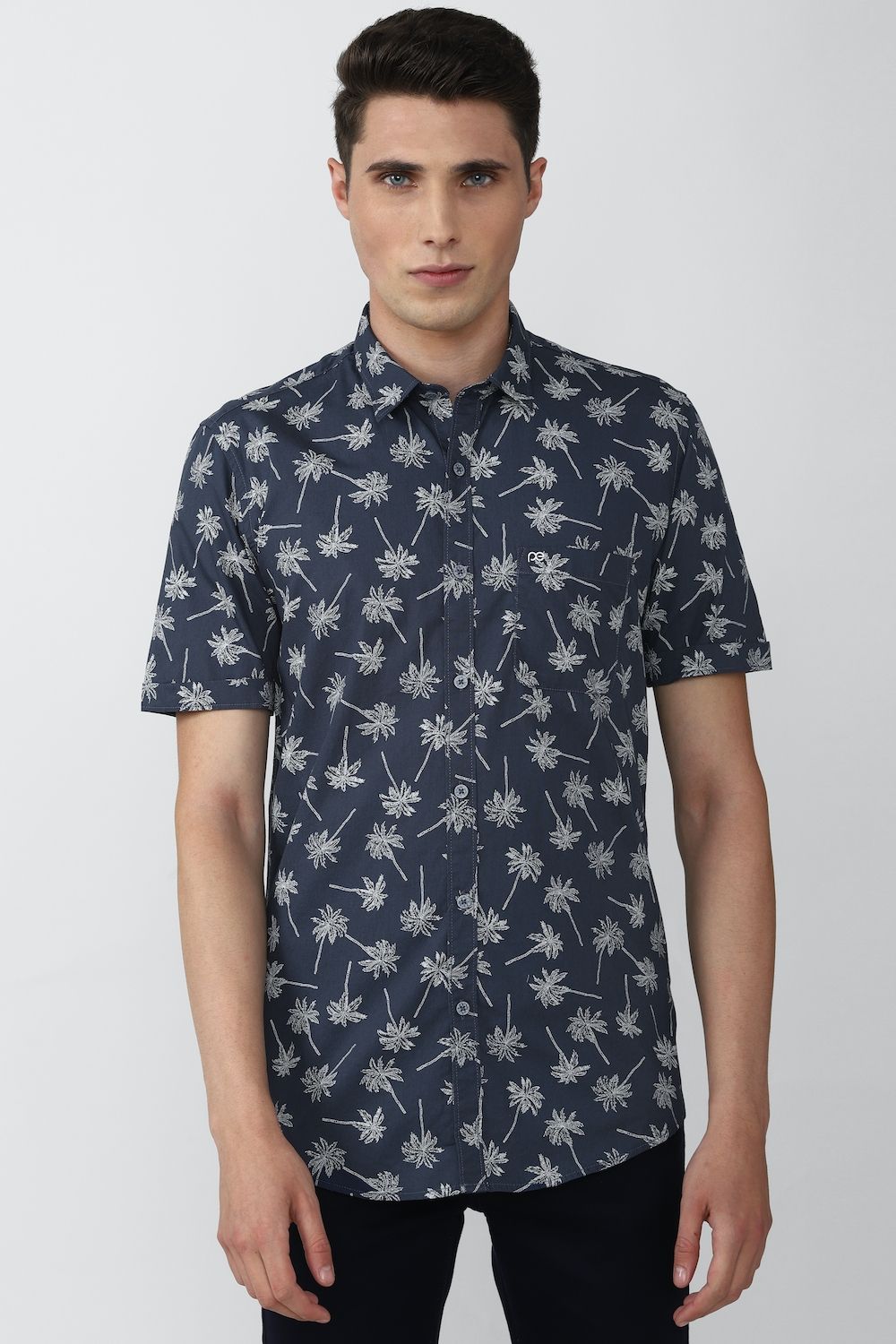 Men Navy Slim Fit Print Half Sleeves Casual Shirt