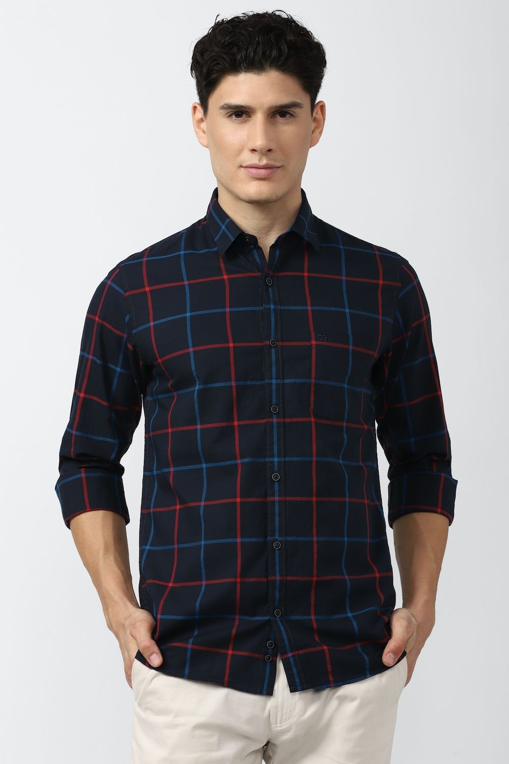 Men Navy Slim Fit Check Full Sleeves Casual Shirt