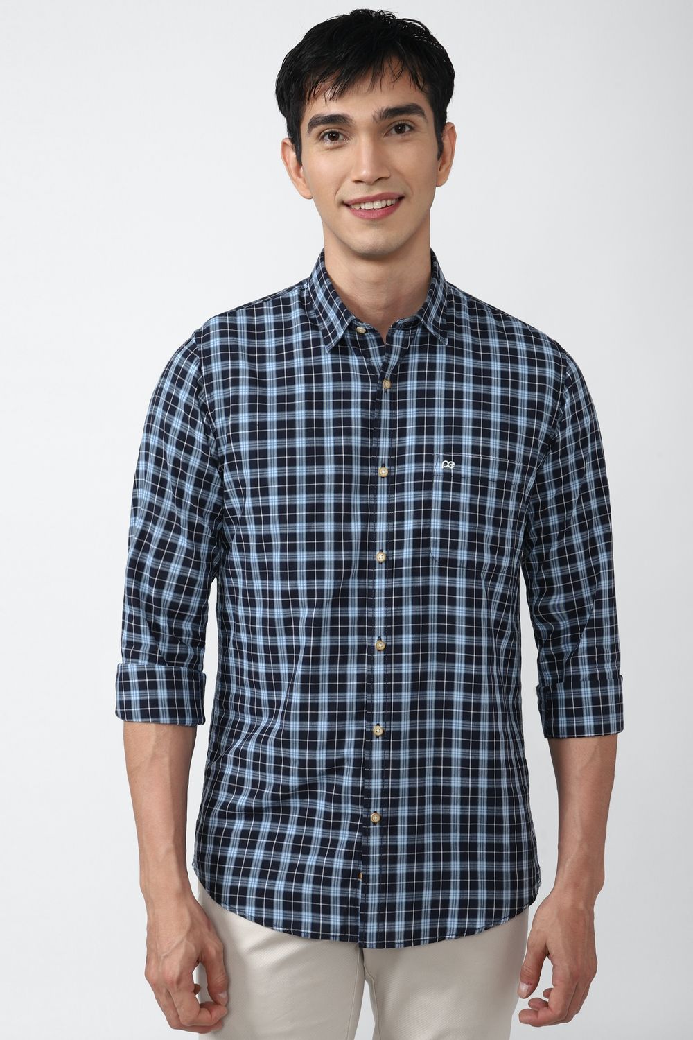 Men Blue Slim Fit Check Full Sleeves Casual Shirt