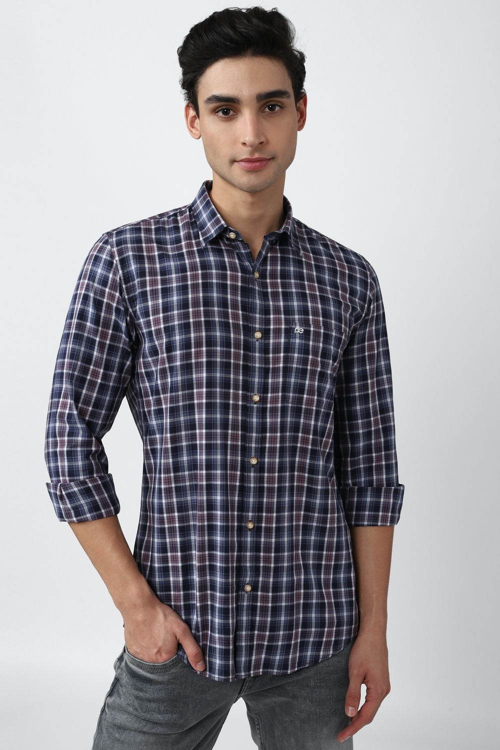 Men Navy Slim Fit Check Full Sleeves Casual Shirt