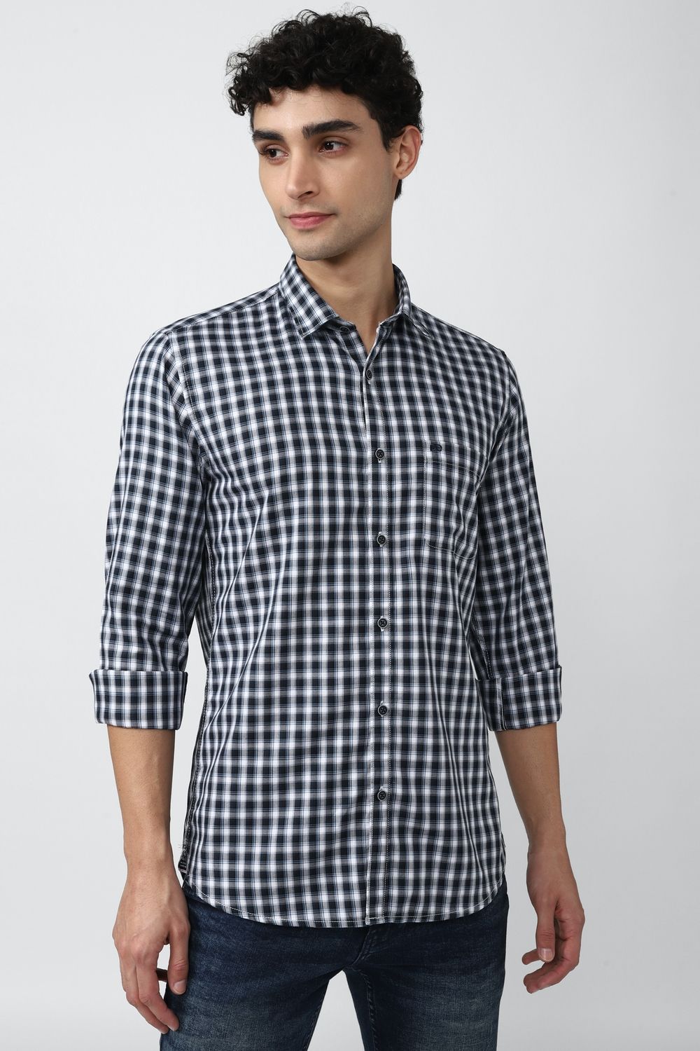Men Blue Slim Fit Check Full Sleeves Casual Shirt
