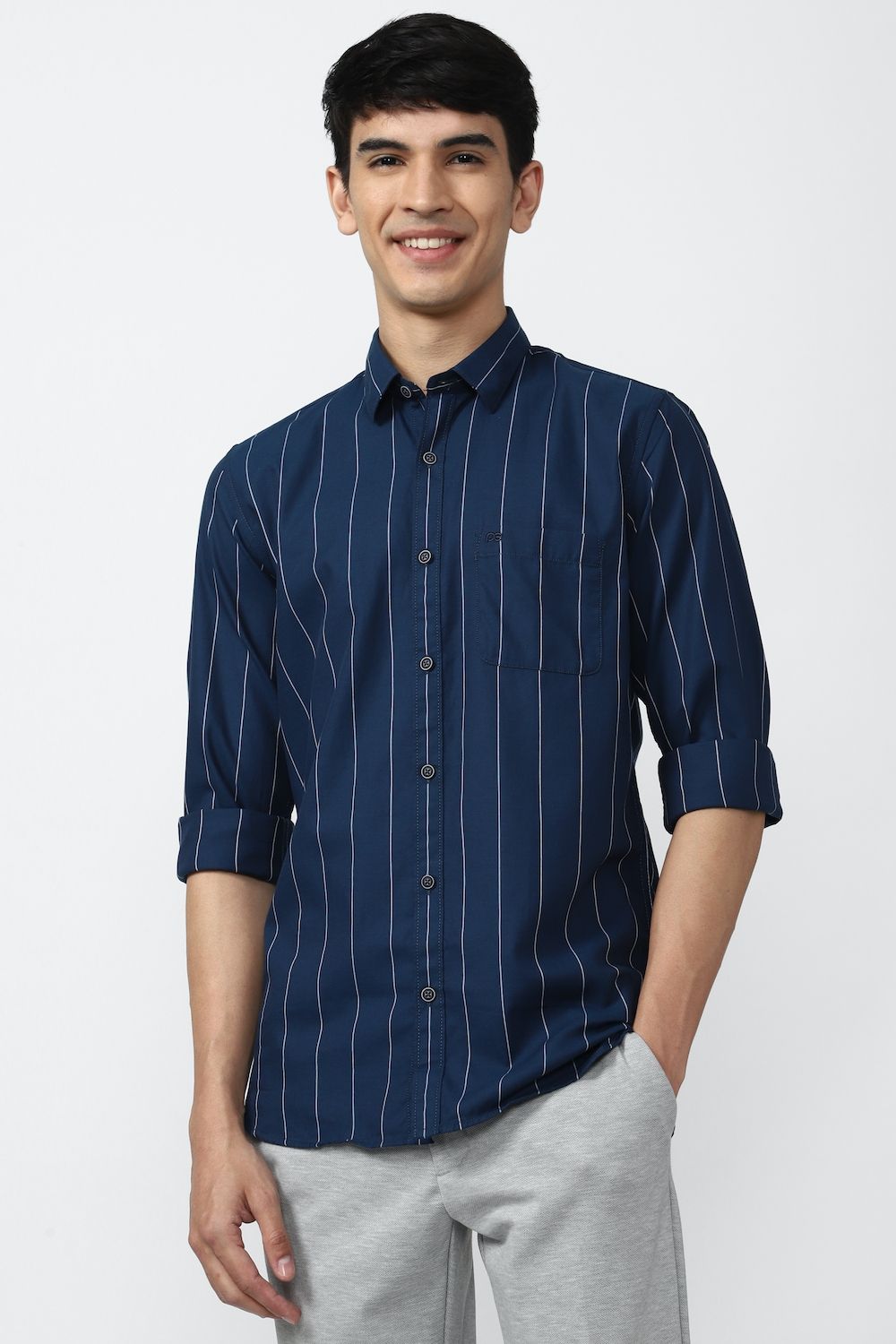 Men Navy Slim Fit Stripe Full Sleeves Casual Shirt