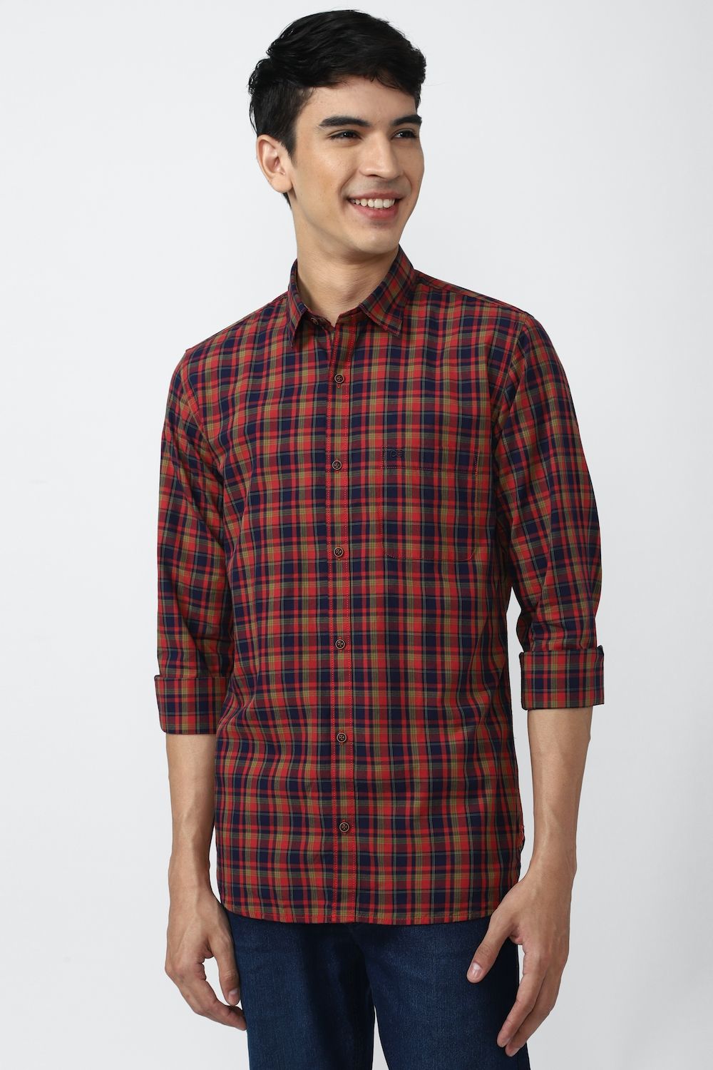 Men Red Slim Fit Check Full Sleeves Casual Shirt