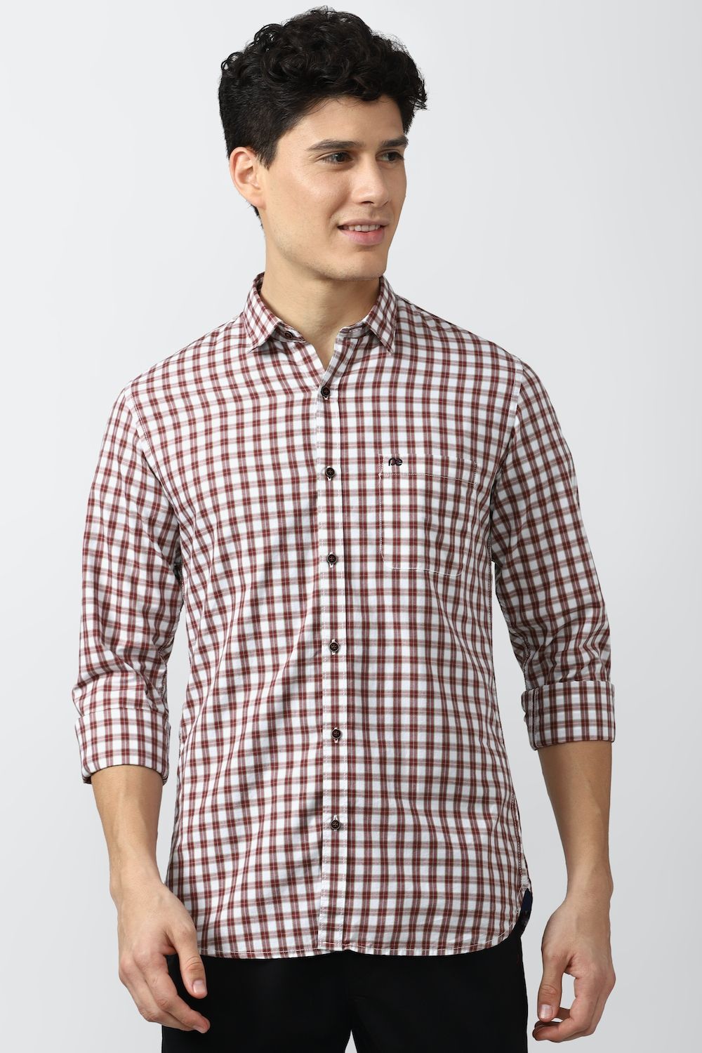 Men Brown Slim Fit Check Full Sleeves Casual Shirt