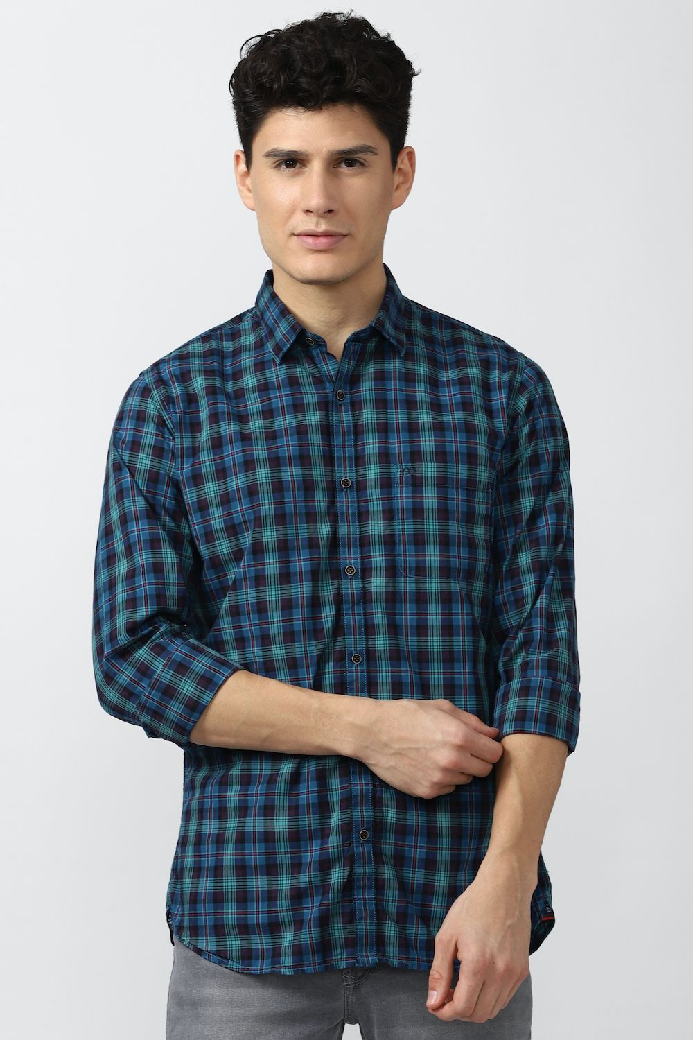 Men Blue Slim Fit Check Full Sleeves Casual Shirt