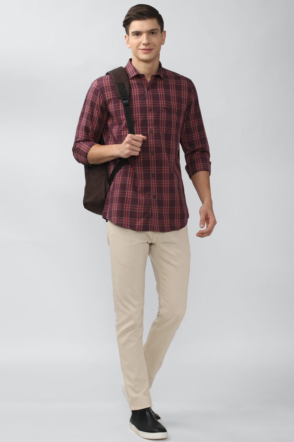 Men Maroon Slim Fit Check Full Sleeves Casual Shirt