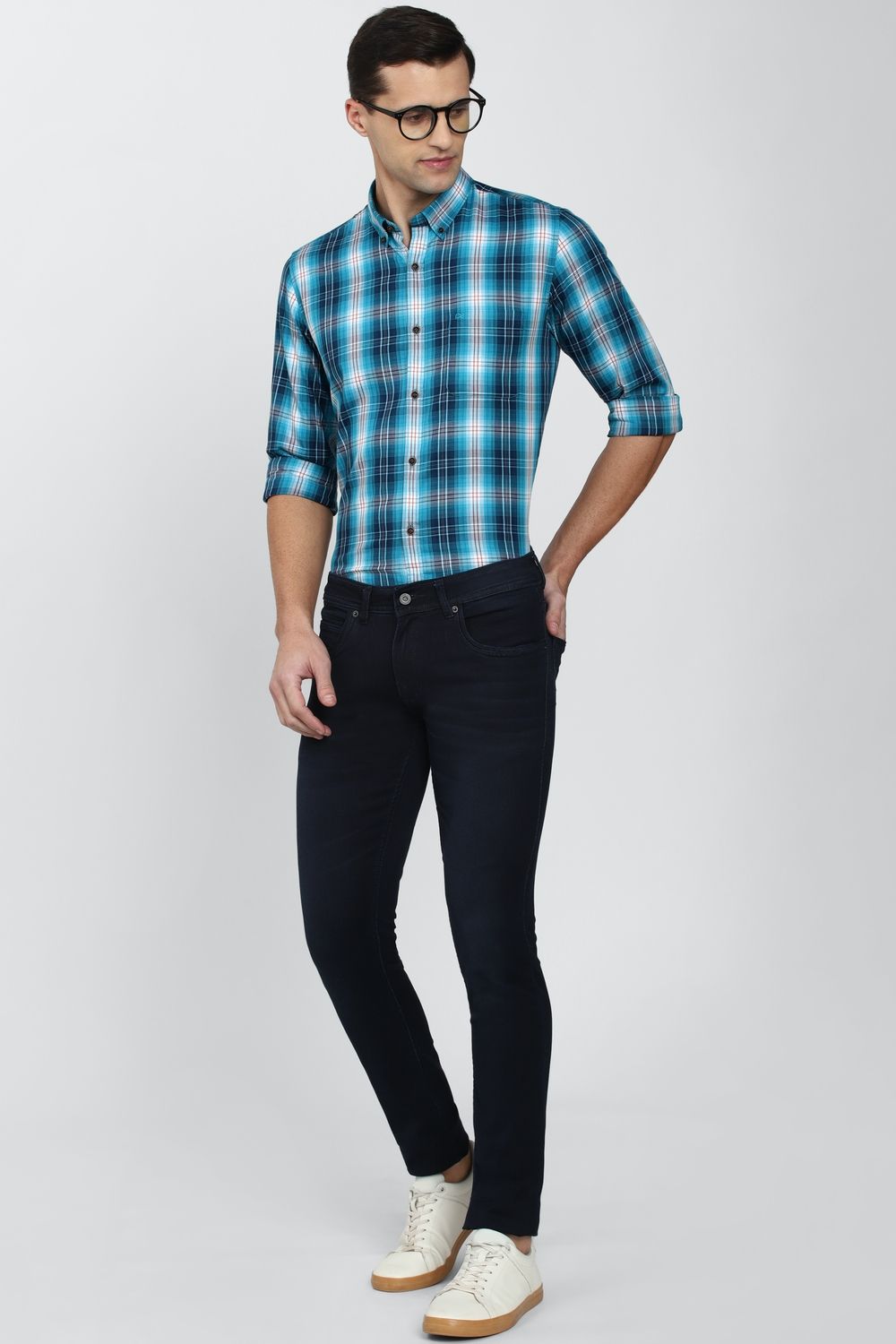 Men Blue Slim Fit Check Full Sleeves Casual Shirt