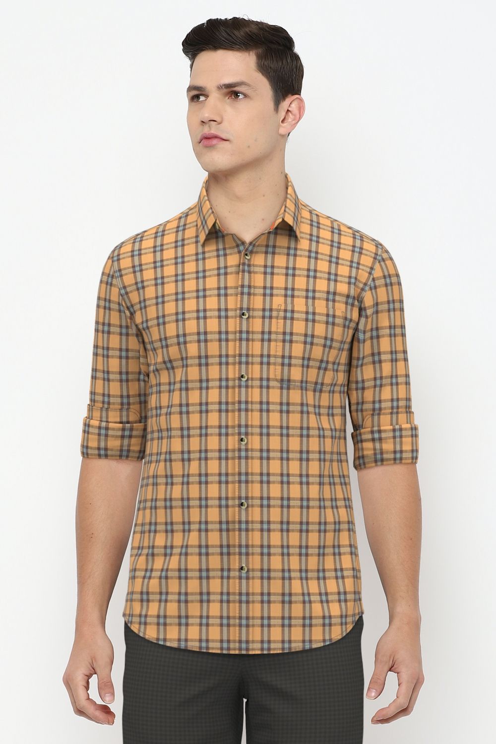 Men Orange Slim Fit Check Full Sleeves Casual Shirt