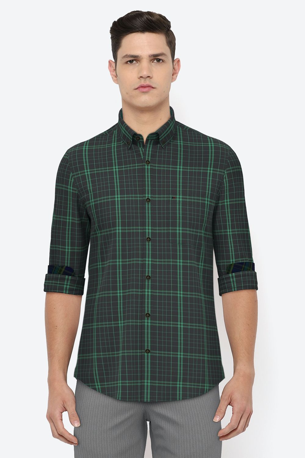Men Black Slim Fit Check Full Sleeves Casual Shirt