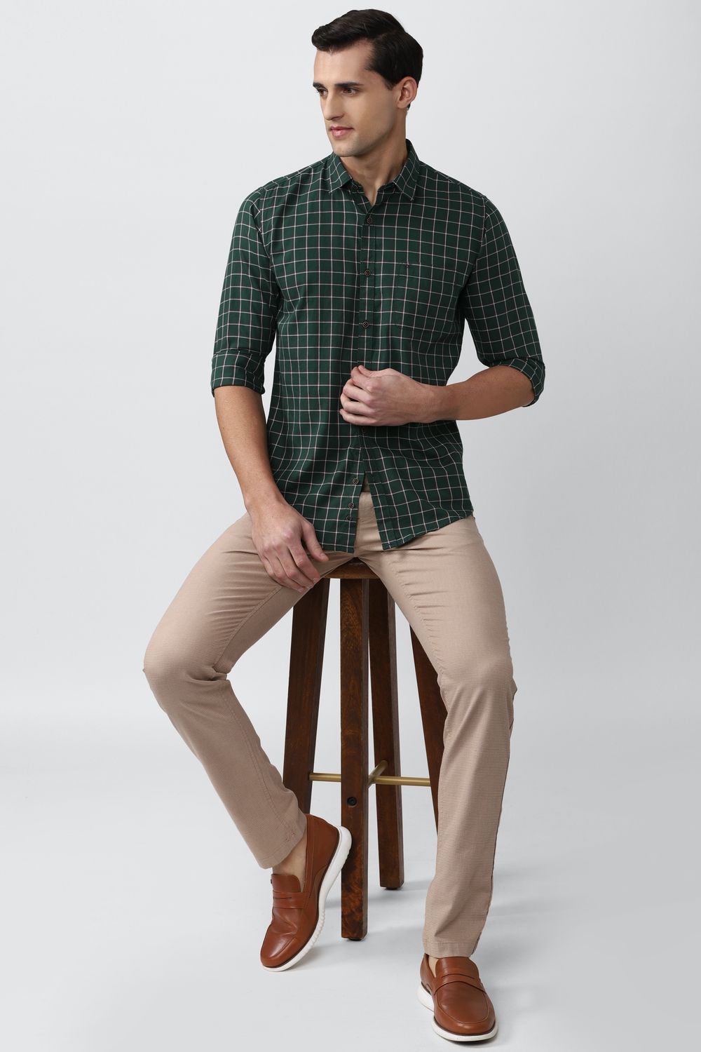 Men Green Slim Fit Check Full Sleeves Casual Shirt