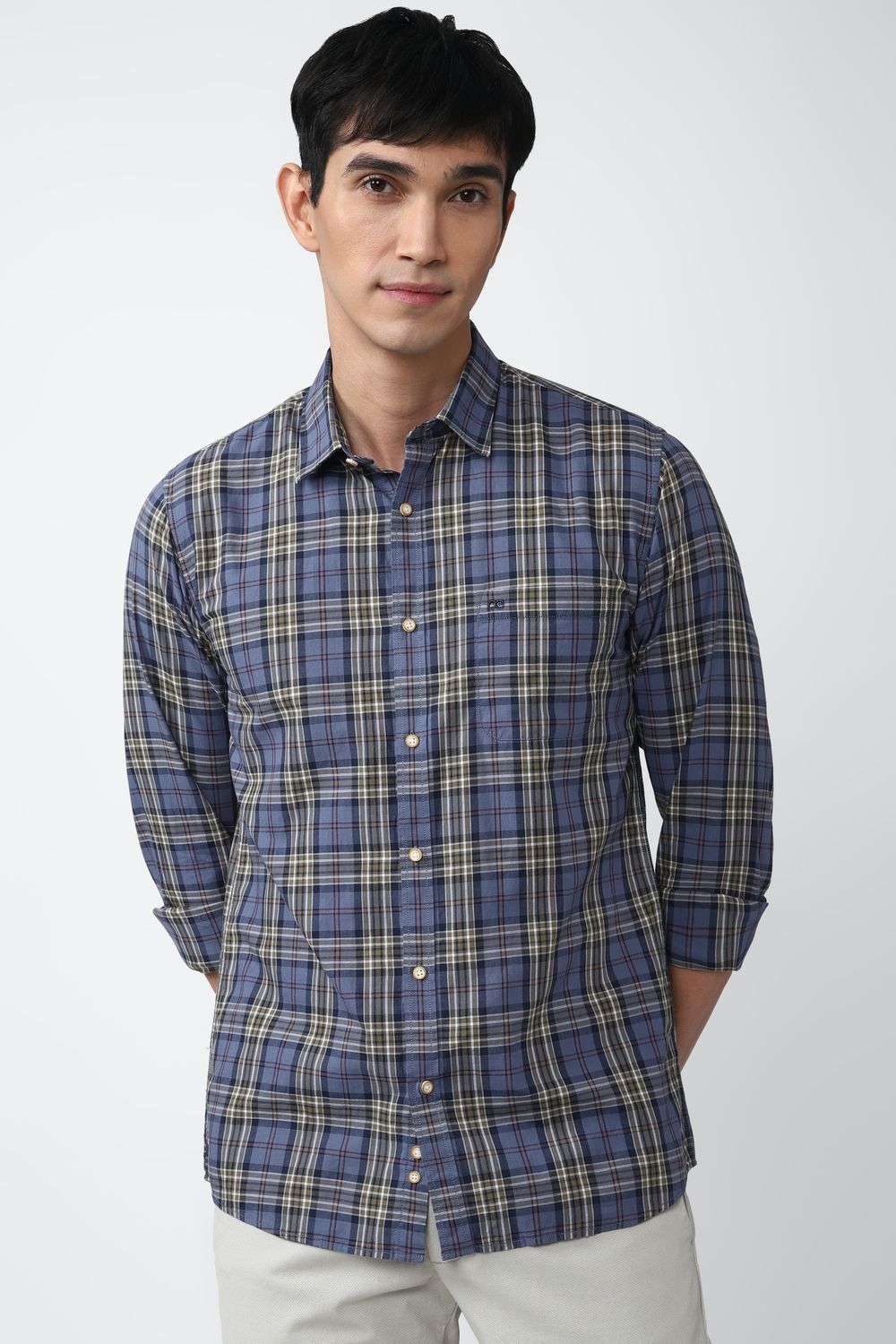 Men Blue Slim Fit Check Full Sleeves Casual Shirt