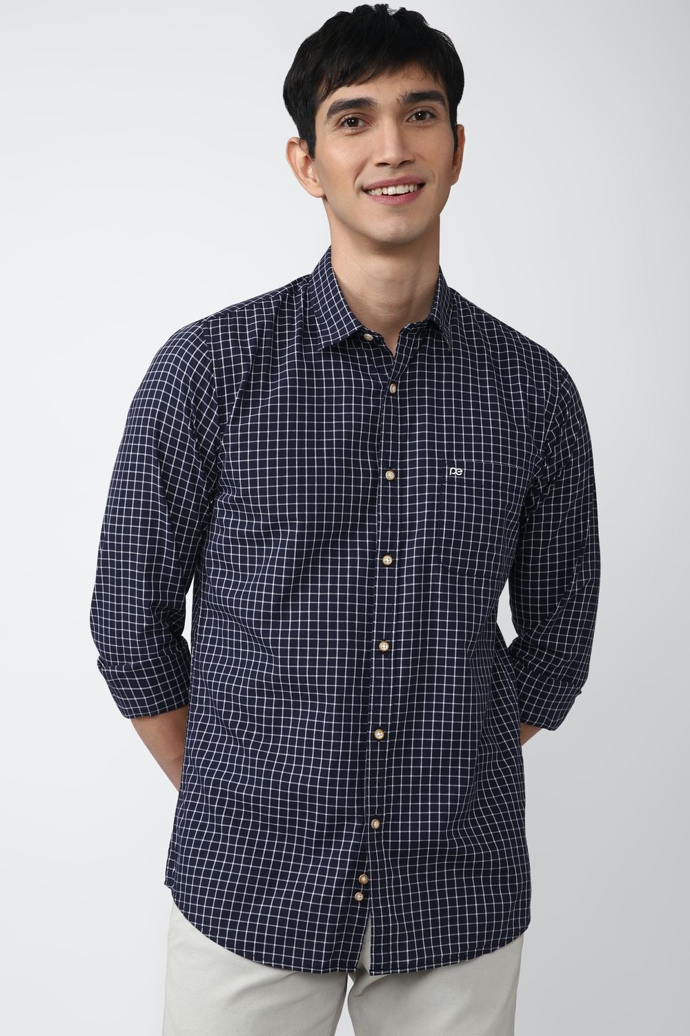 Men Navy Slim Fit Check Full Sleeves Casual Shirt