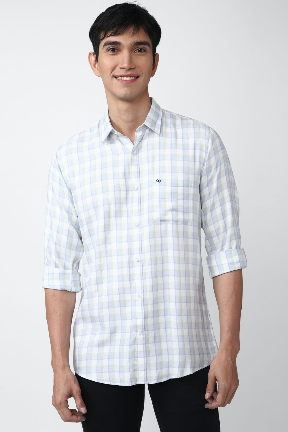 Men White Slim Fit Check Full Sleeves Casual Shirt