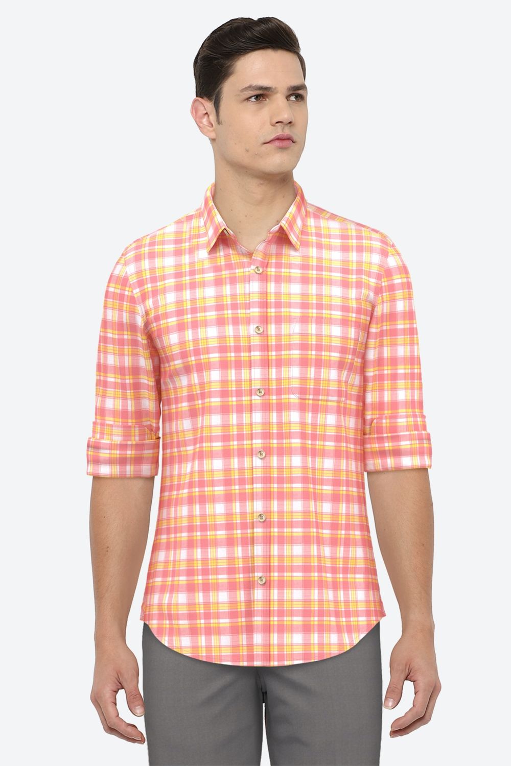 Men Orange Slim Fit Check Full Sleeves Casual Shirt