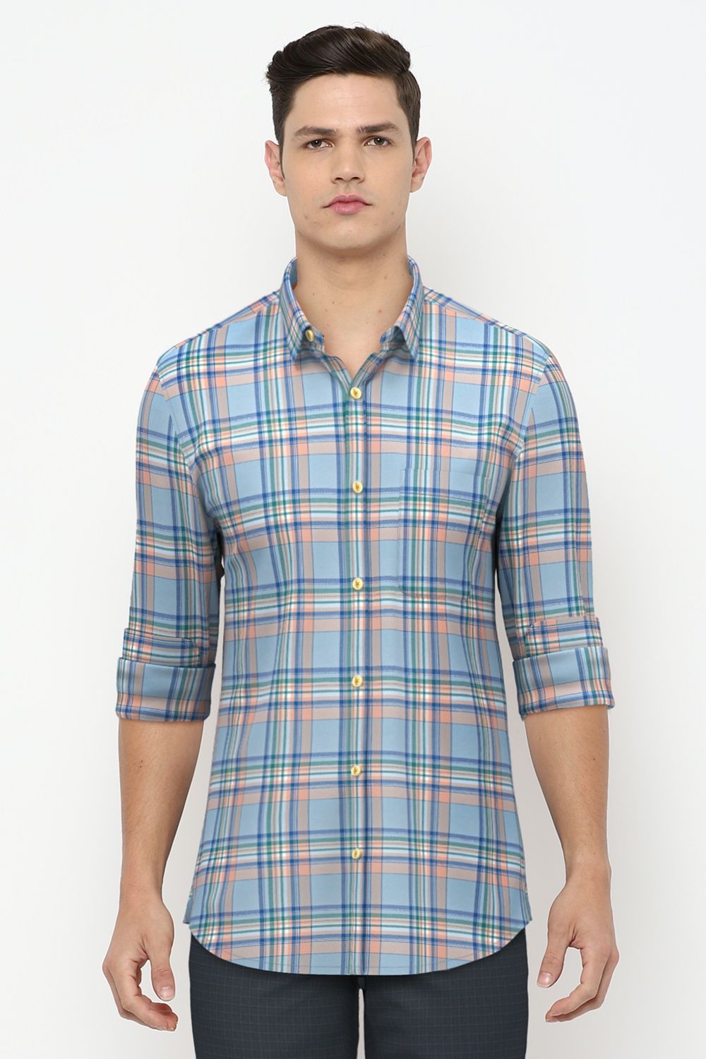 Men Blue Slim Fit Check Full Sleeves Casual Shirt