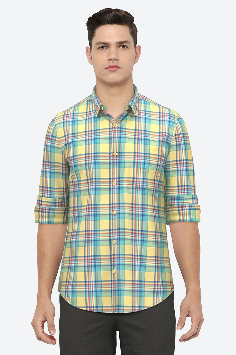 Men Yellow Slim Fit Check Full Sleeves Casual Shirt
