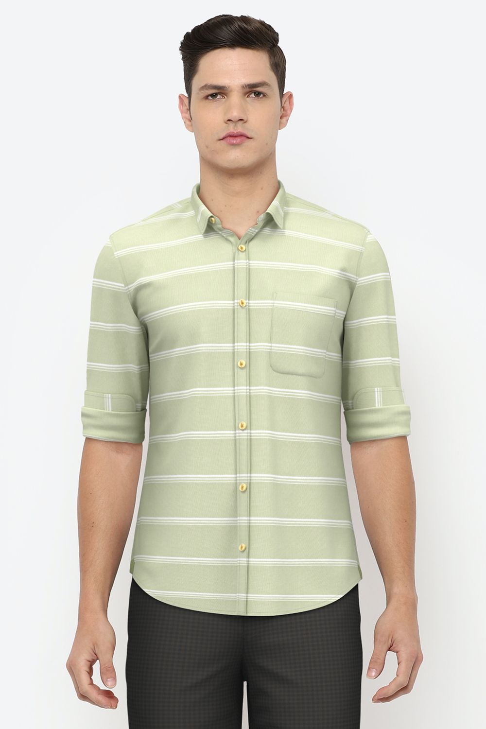 Men Green Slim Fit Stripe Full Sleeves Casual Shirt