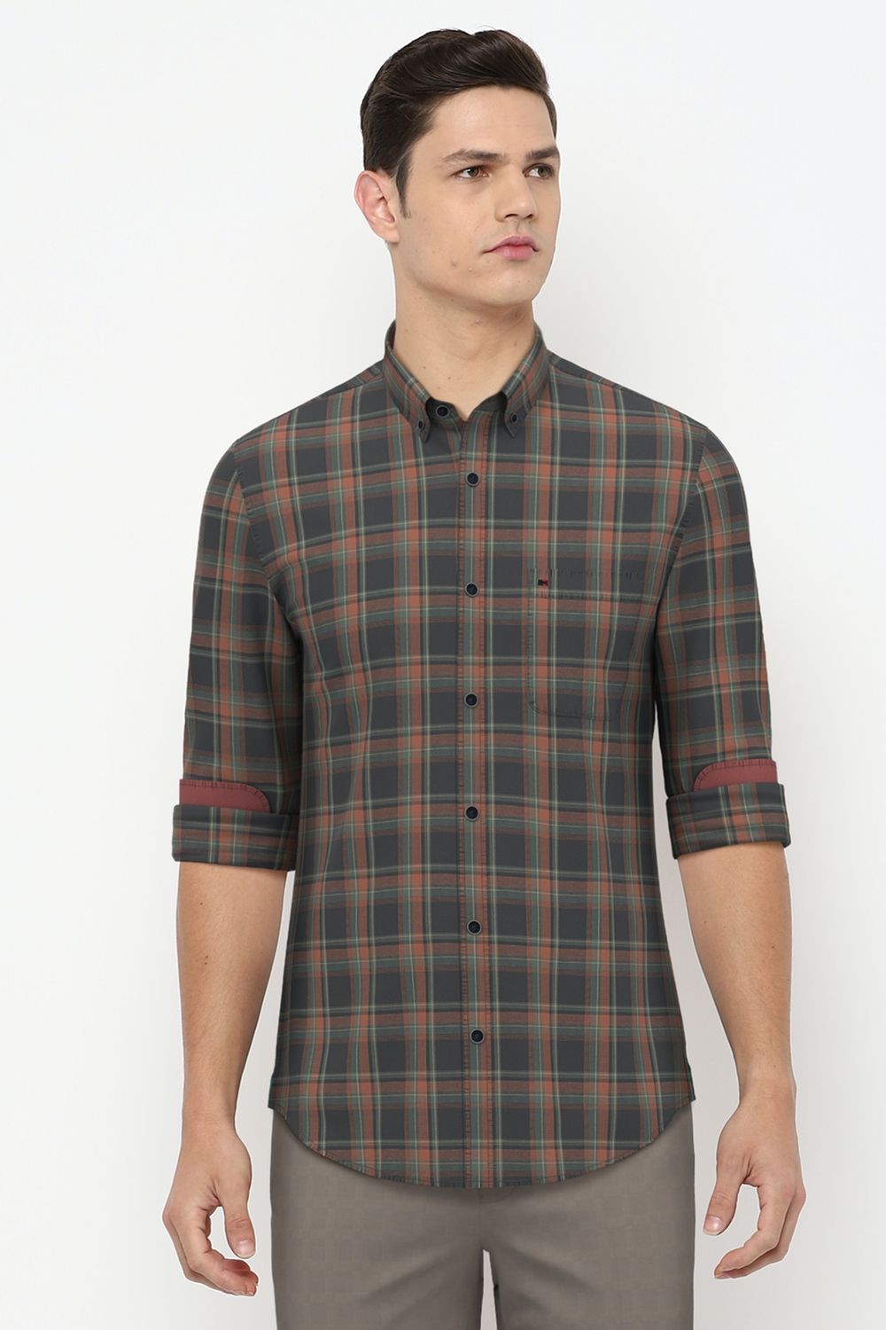 Men Grey Slim Fit Check Full Sleeves Casual Shirt