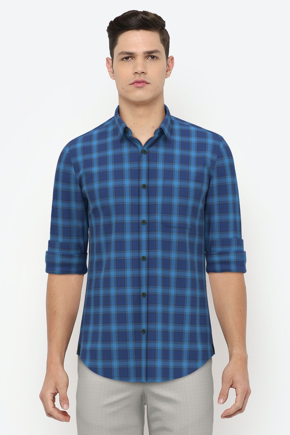 Men Blue Slim Fit Check Full Sleeves Casual Shirt