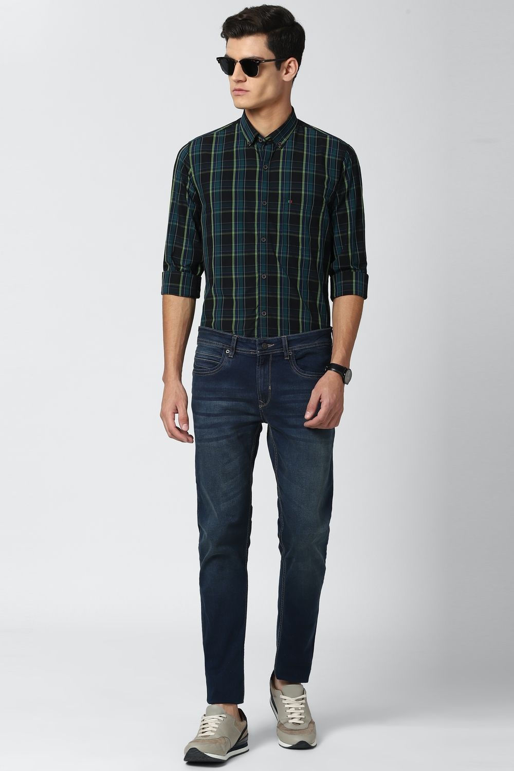 Men Blue Slim Fit Check Full Sleeves Casual Shirt