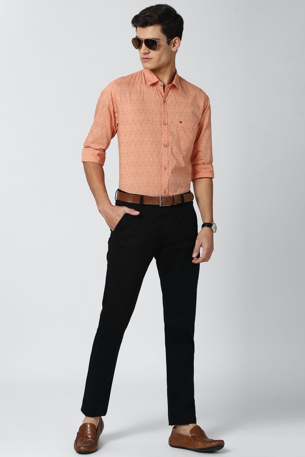 Men Peach Slim Fit Print Full Sleeves Casual Shirt