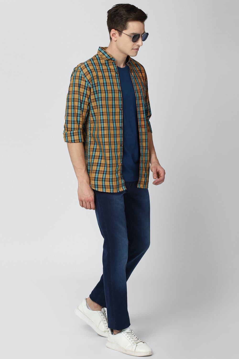 Men Orange Slim Fit Check Full Sleeves Casual Shirt