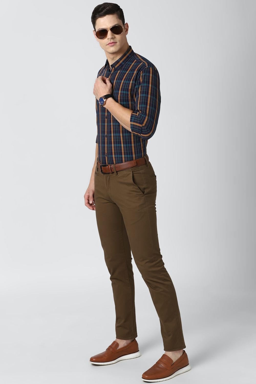 Men Navy Slim Fit Check Full Sleeves Casual Shirt