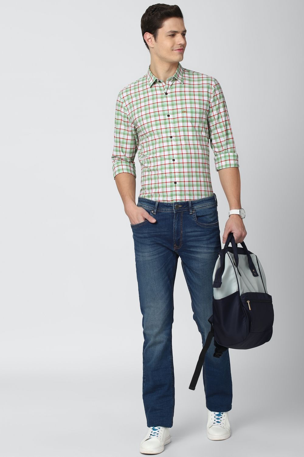 Men Green Slim Fit Check Full Sleeves Casual Shirt