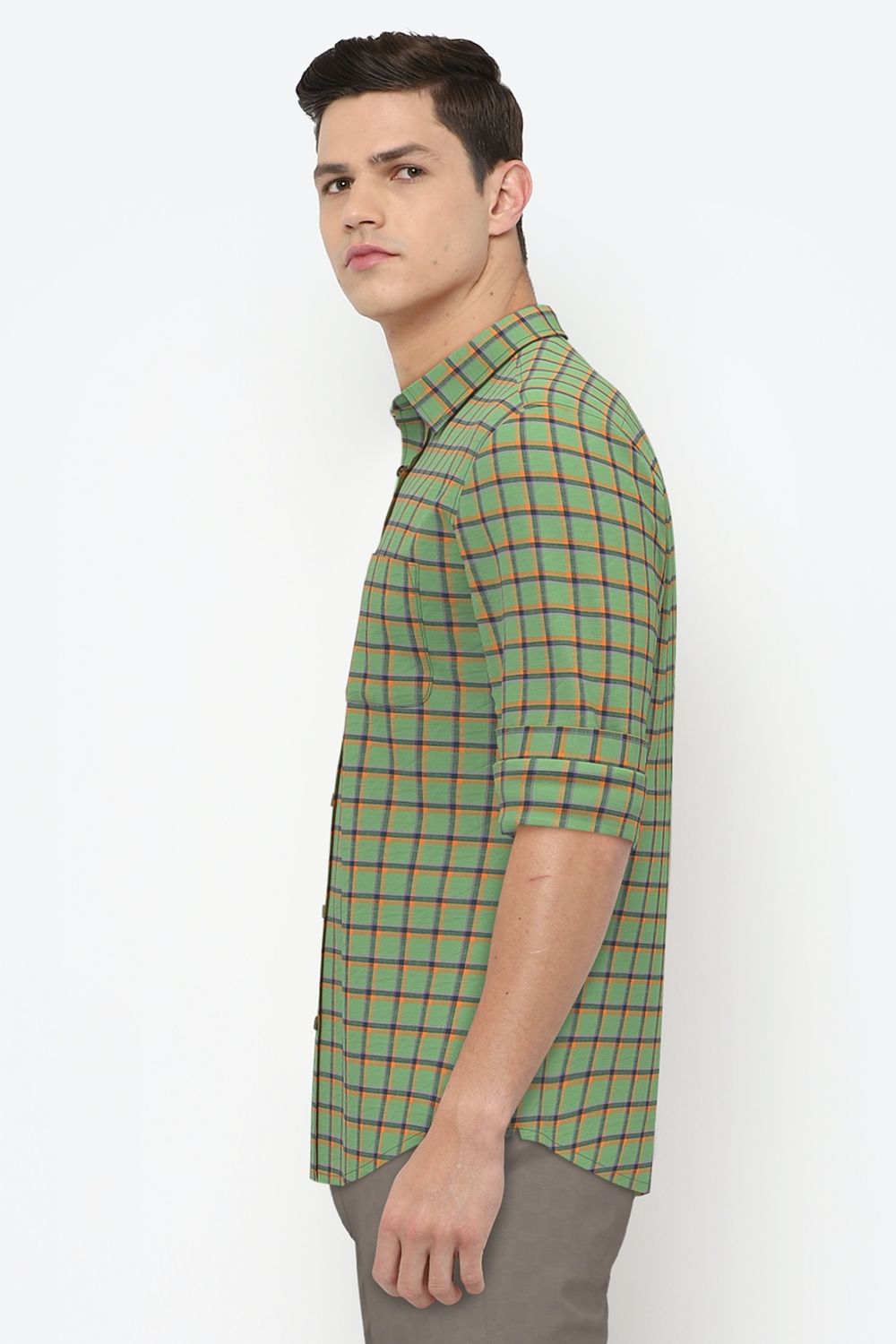 Men Green Slim Fit Check Full Sleeves Casual Shirt