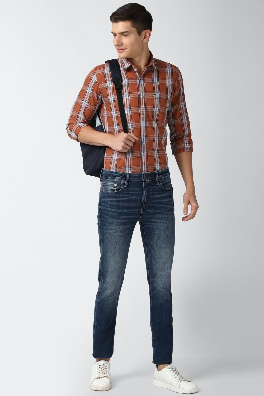 Men Orange Slim Fit Check Full Sleeves Casual Shirt