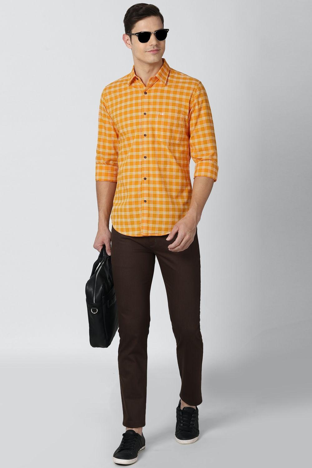Men Orange Slim Fit Check Full Sleeves Casual Shirt