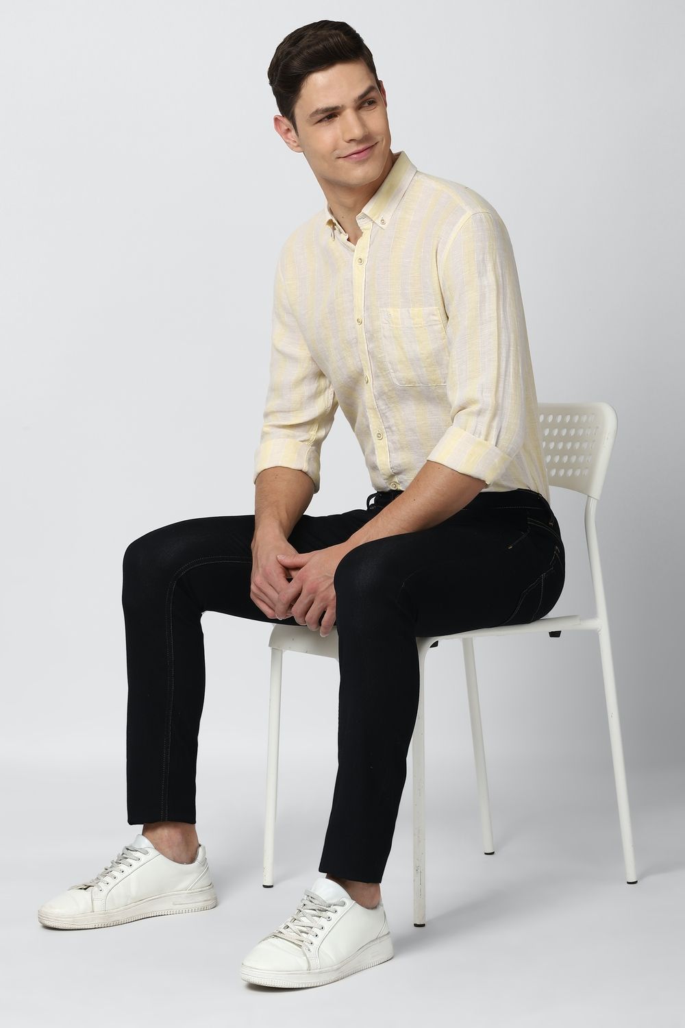 Men Yellow Slim Fit Stripe Full Sleeves Casual Shirt