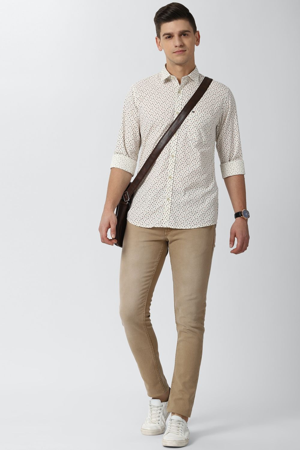 Men Beige Slim Fit Print Full Sleeves Casual Shirt