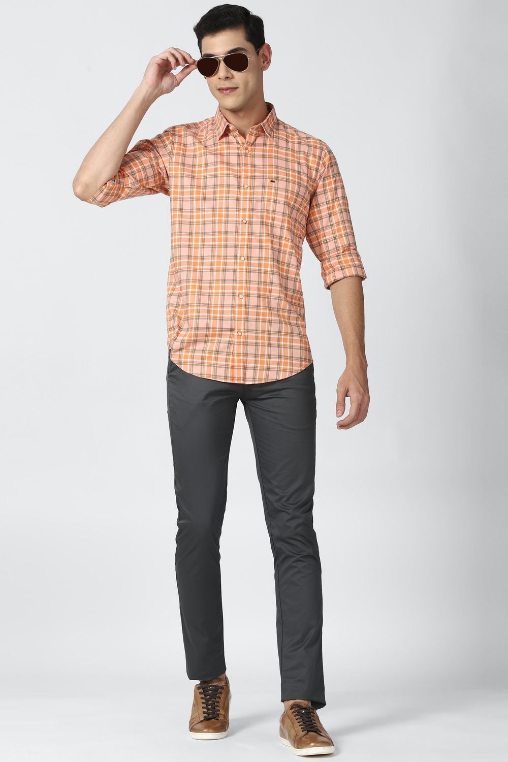 Men Peach Slim Fit Check Full Sleeves Casual Shirt